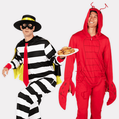 shop funny costumes- models wearing men's hamburger thief costume and men's lobster costume