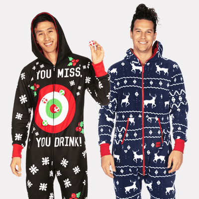 shop onesies - models wearing men's drinking game jumpsuit and men's blue reindeer jumpsuit