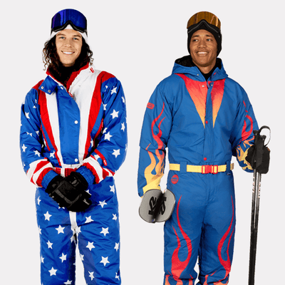 shop ski & snow suits - models wearing men's Americana snow suit and men's bring the heat snow suit