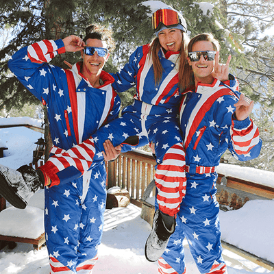 shop ski & snow suits - models wearing men's and women's Americana snow suits