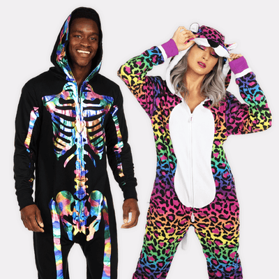 shop costumes - models wearing men's iridescent skeleton costume and women's 90's leopard costume