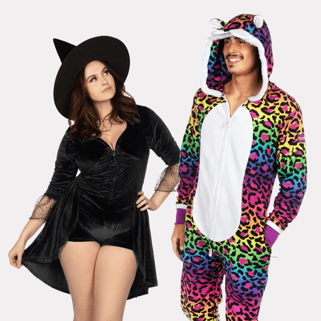 shop all costumes - models wearing women's witch costume and men's 90s leopard costume