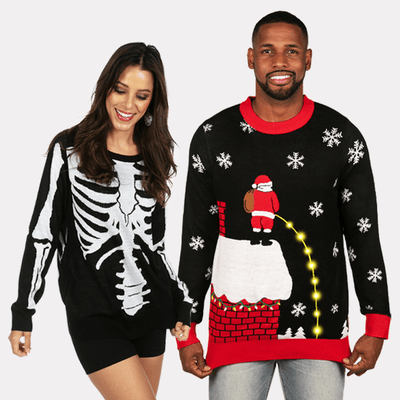 shop sweaters - models wearing women skeleton sweater and mens leaky roof light up ugly christmas sweater