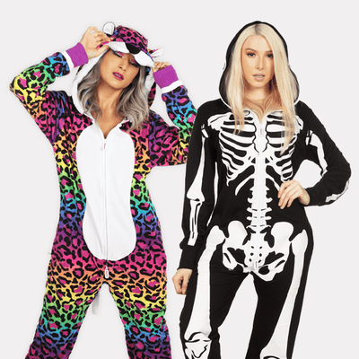 shop costumes - models wearing women's 90s leopard costume and women's skeleton costume