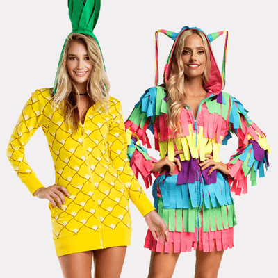 shop dresses - models wearing women's pinata costume dress and women's pinata dress
