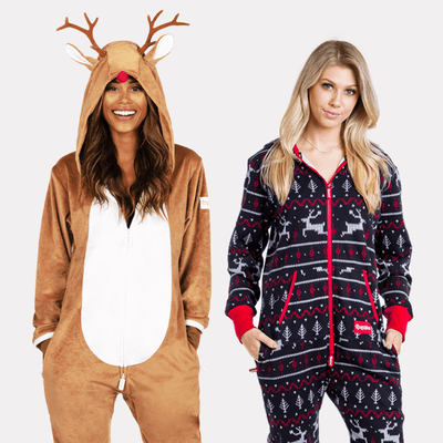 shop onesies - models wearing women's Rudolph jumpsuit and women's black and red fair isle jumpsuit