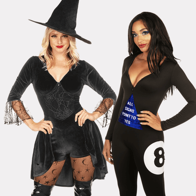 shop sexy costumes - models wearing witch costume and magic fortune ball costume