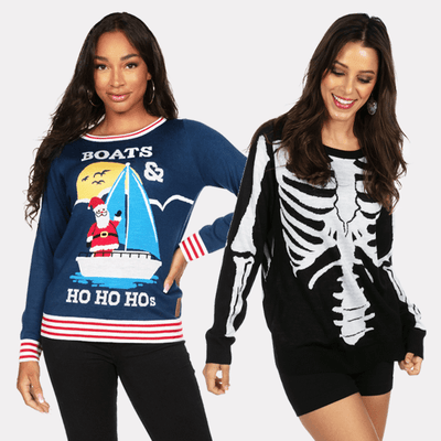 shop sweaters - models wearing women's skeleton sweater and women's boats & ho ho hos ugly christmas sweater