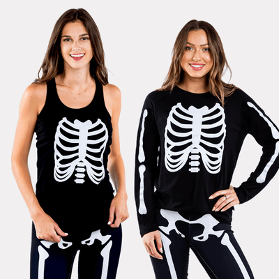 shop tees & tanks - models wearing women's skeleton tank top and women's skeleton long sleeve shirt