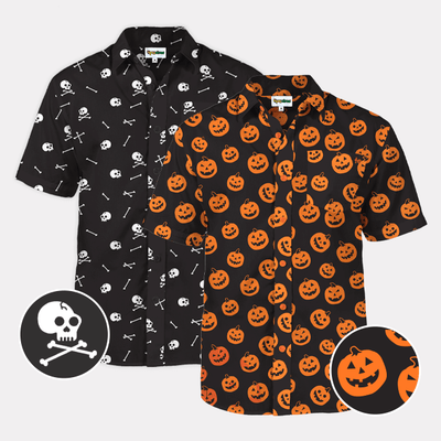 shop button downs - men's pumpkin button down and men's skeleton button down shirts