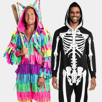shop costumes - models wearing men's pinata and men's skeleton jumpsuit costumes