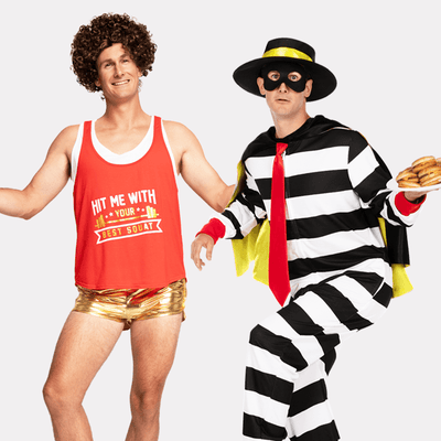 shop funny costumes- models wearing men's hamburger thief costume and men's 80's gym instructor costume