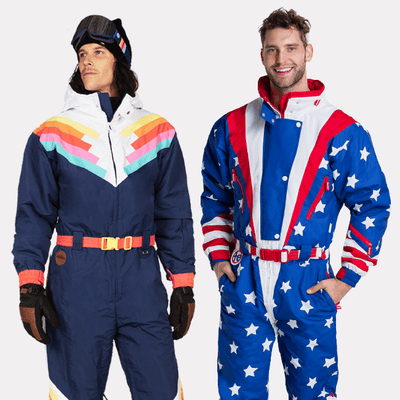 shop ski & snow suits - models wearing men's Americana snow suit and men's Santa Fe shredder snow suit