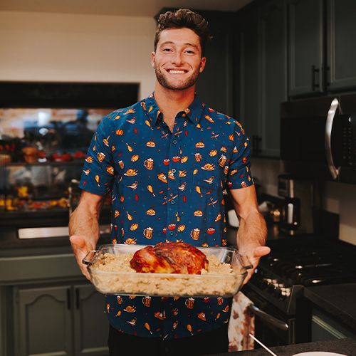 shop thanksgiving - image of model wearing Men's Thanksgiving button down shirt