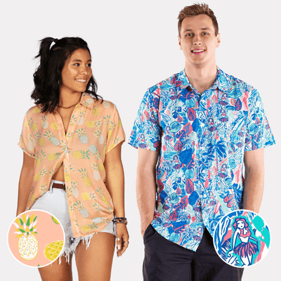 shop hawaiian shirts - woman wearing women's Pina colada hawaiian shirt and man wearing men's island breeze hawaiian shirt
