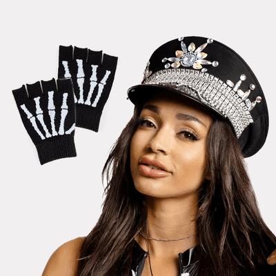shop accessories - festival hat and fingerless skeleton gloves