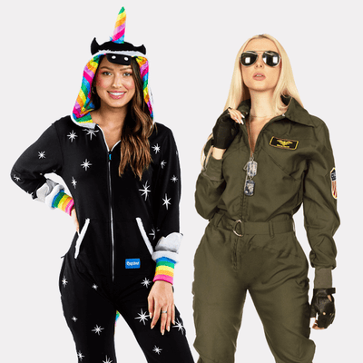 shop costumes - models wearing women's night mare unicorn costume and women's pilot costume