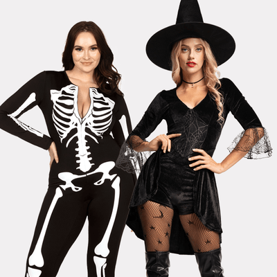 shop sexy costumes - models wearing women's witch costume and women's skeleton bodysuit costume