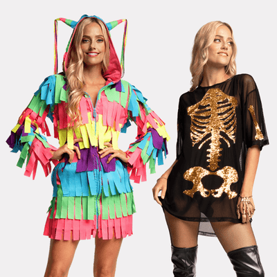 shop dresses - models wearing women's pinata costume dress and women's gold skeleton mesh costume dress