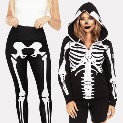 shop halloween clothing - models wearing skeleton high waisted leggings and women's skeleton hoodie