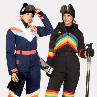 shop ski & snow suits - models wearing women's midnight shredder snow suit and women's Santa Fe shredder snow suit
