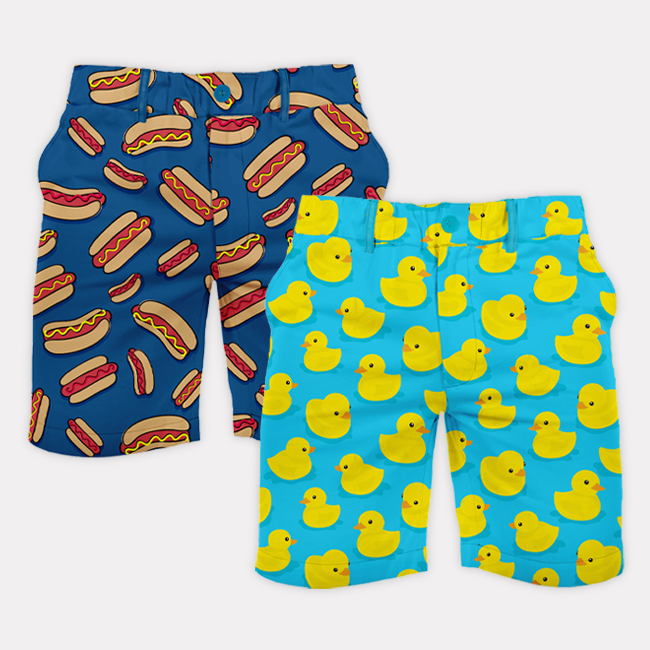 shop men's bottoms - image of men's hot dog golf shorts and men's rubber ducky golf shorts 