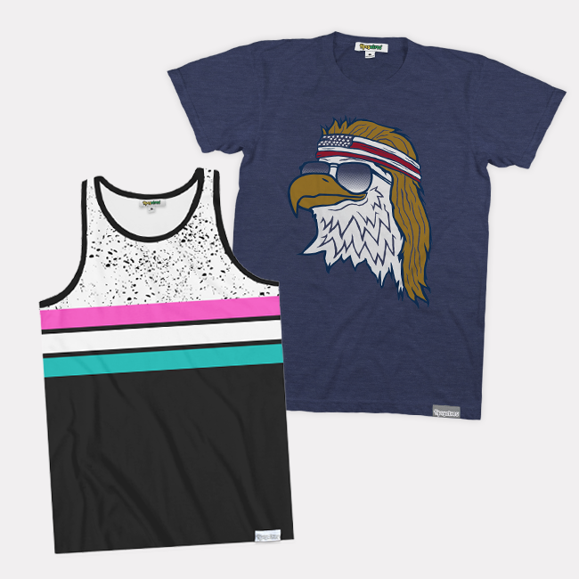 shop men's graphic tees - image of men's cruise control tank top and men's epic eagle tee