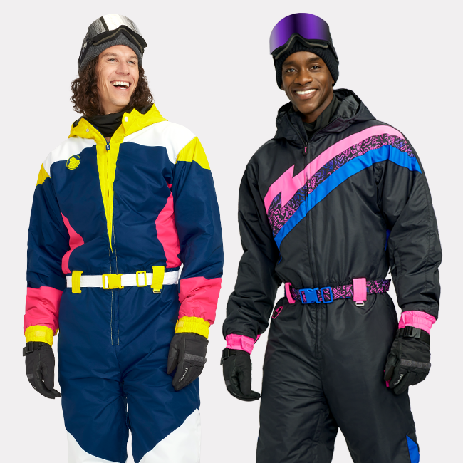shop snow suits - image of men's neon knockout snow suit and men's night run snow suit