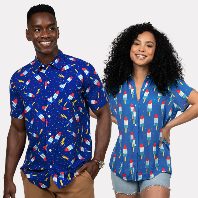 shop button downs - image of models wearing men's grand finale button down shirt and women's patriotic pops button down shirt