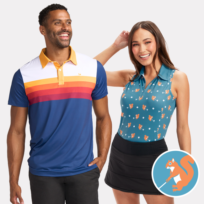 shop golf polos - image of models wearing men's slice of sunset golf polo and women's squirrel golf polo