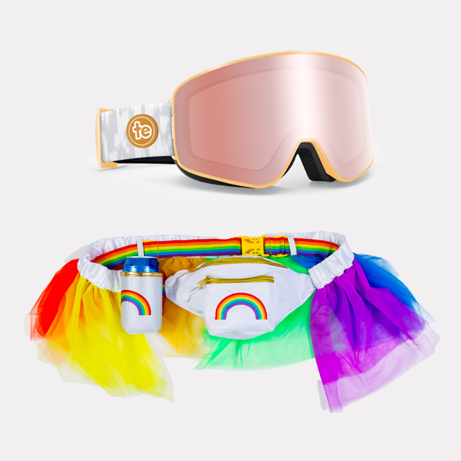 shop accessories - image of champagne daze cascade snow goggles and over the rainbow fanny pack with drink holder