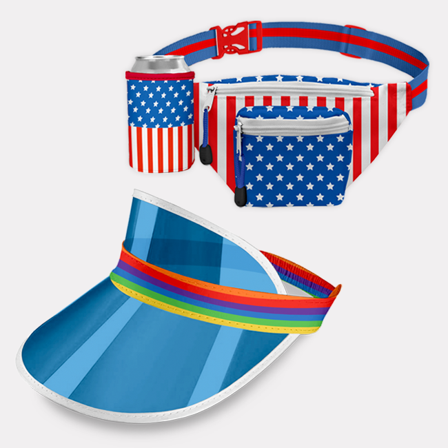 shop accessories - freedom fanny pack and blue rainbow sun visor