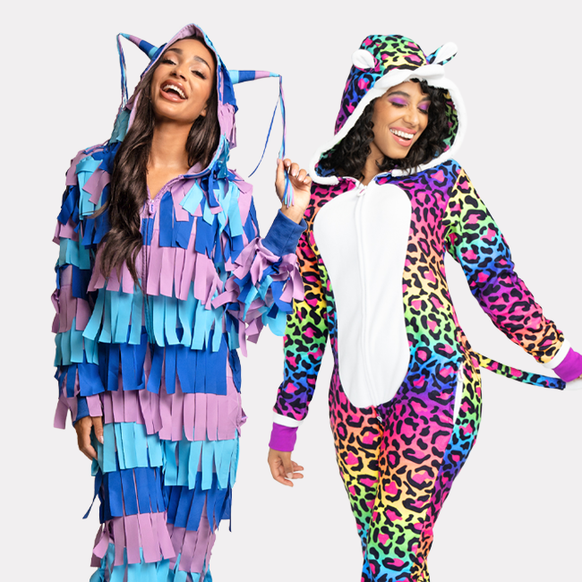 shop costumes - models wearing women's loot llama and women's 90's leopard costumes