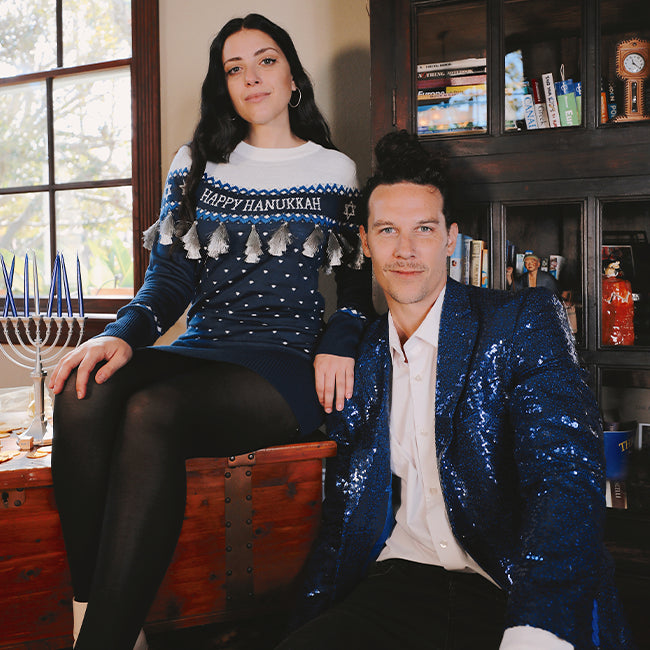 shop hanukkah - men's blue sequin blazer and women's hanukkah tassel sweater dress