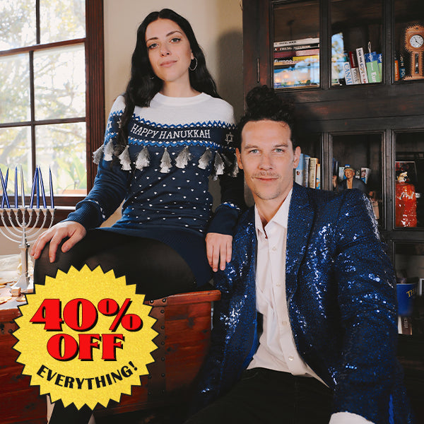 shop hanukkah clothing - men's blue sequin all over blazer and women's star of david tassel sweater dress