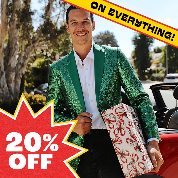shop 20% off blazers - image of model wearing mens green sequin blazer