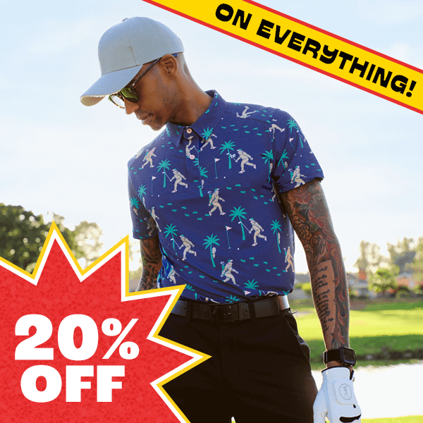 shop 20% off golf polos - image of model wearing men's bigfoot bogey golf polo