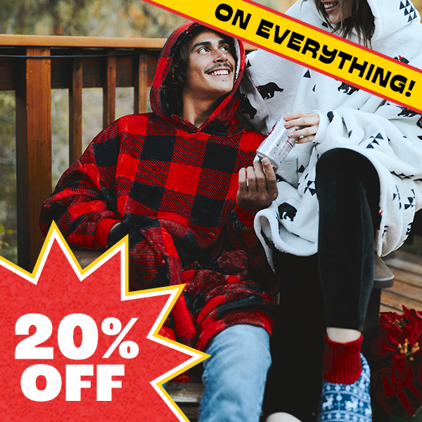 shop 20% off loungewear - image of model wearing lumberjack blanket hoodie