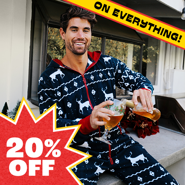 shop 20% off onesies - image of model wearing mens blue reindeer jumpsuit
