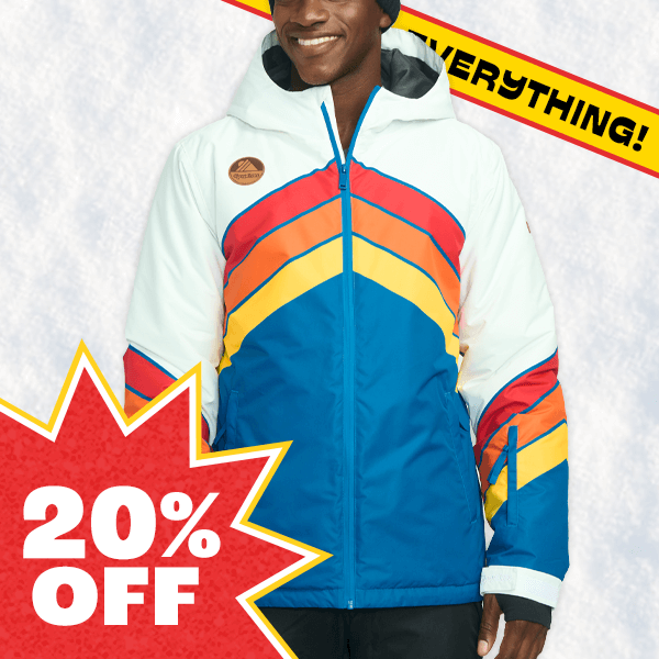 shop 20% off snow jackets - image of model wearing men's paving ways snow jacket
