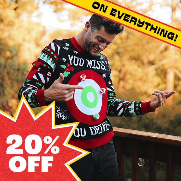 shop 20% off ugly christmas sweaters - image of model wearing men's drinking game ugly christmas sweater