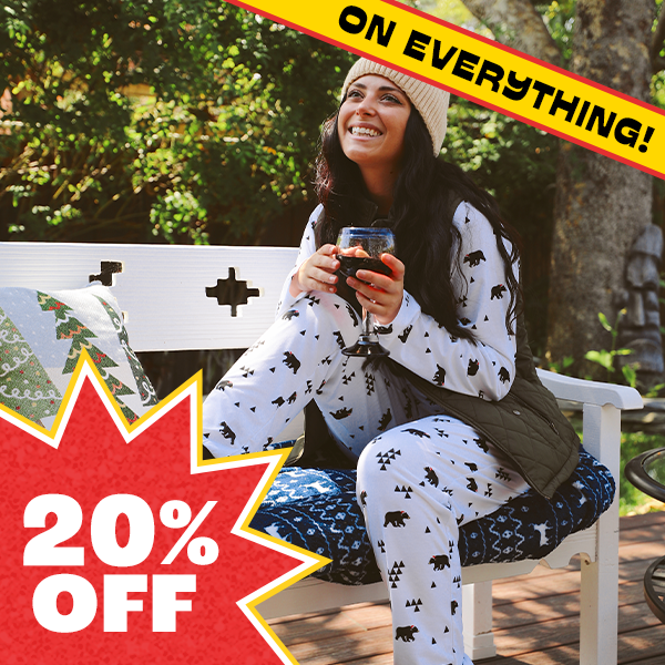 shop 20% off christmas pajamas - image of model wearing womens beary christmas pajama set