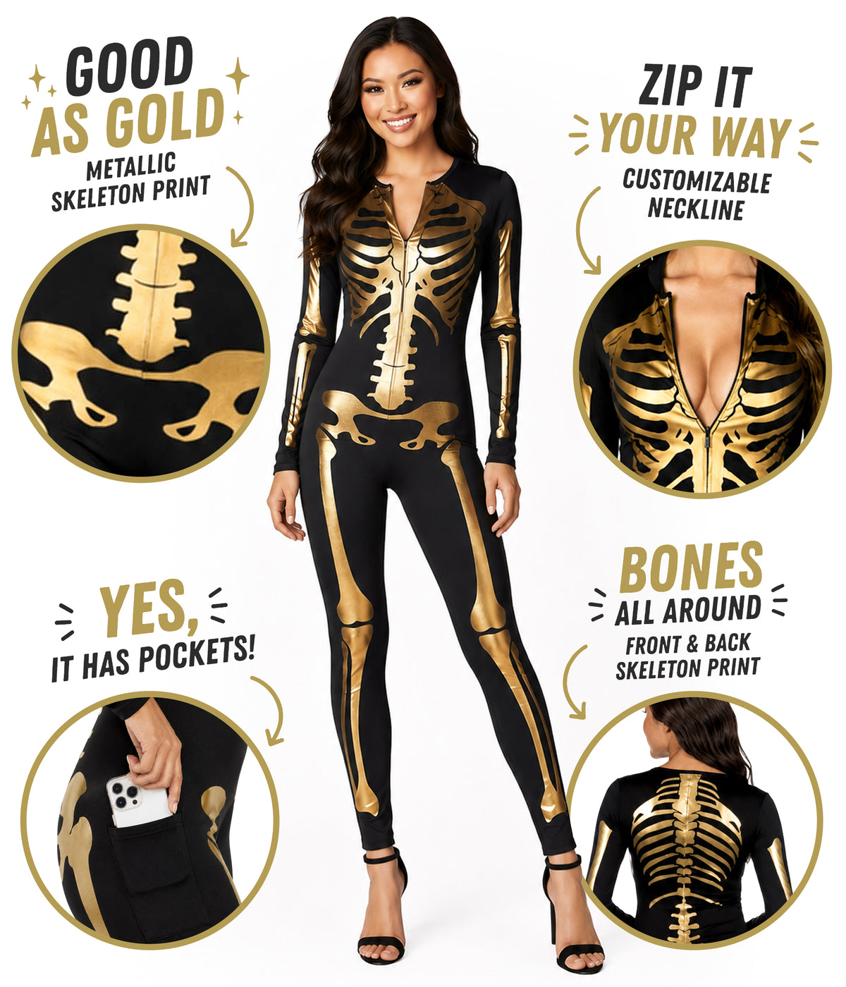 Gold Skeleton Bodysuit Costume Image 2