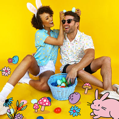 shop easter - image of models wearing men's party peeple button down shirt and women's chick magnet tied front shirt 
