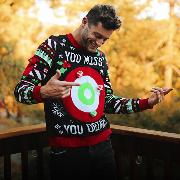 Men's christmas clothing - image of man wearing drinking game ugly christmas sweater
