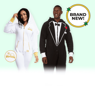 shop wedding party - models wearing women's bride jumpsuit and mens tuxedo jumpsuit