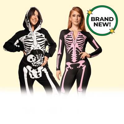 shop new skeleton costumes - models wearing women's pregnant skeleton maternity costume and women's pink skeleton bodysuit costume