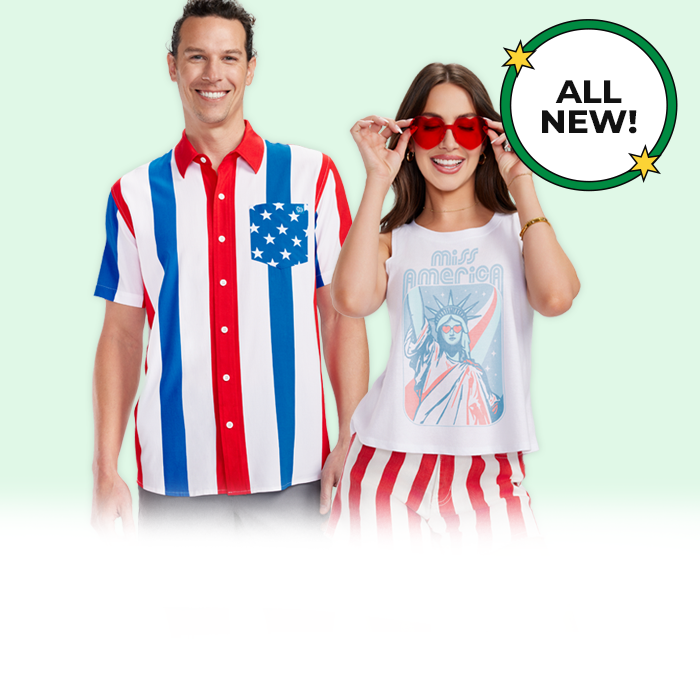 shop patriotic clothing - models wearing women's miss America cropped tank top and men's united stripes button down shirt