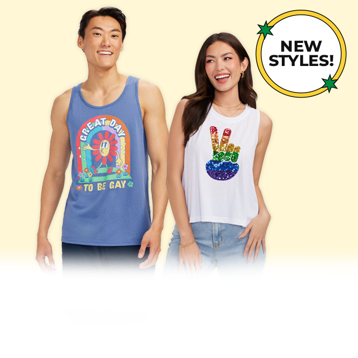 shop pride clothing - pride peace sequin cropped tank top and great day to be gay tank top