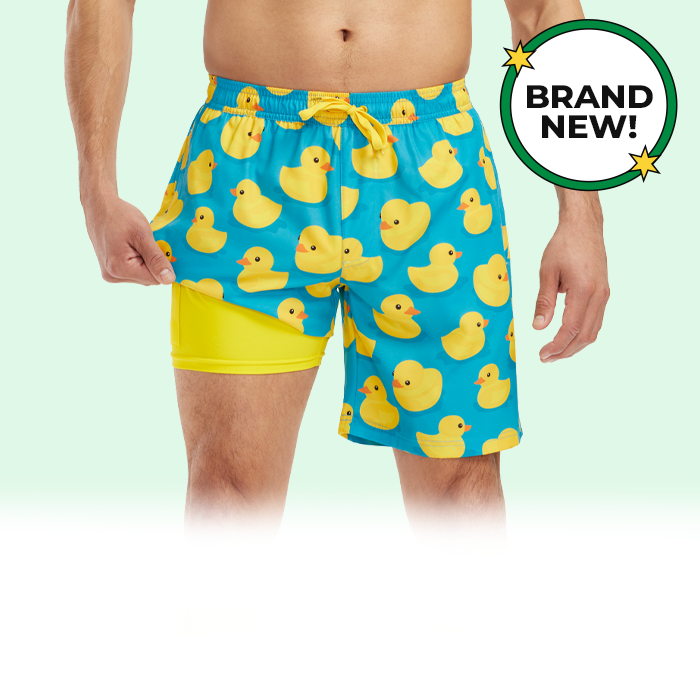 shop brand new - swim trunks with liner - image of model wearing men's rubber ducky swim trunks with liner